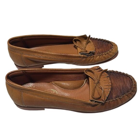 EJX Shoes - EJX Leather Upper Vintage Style Brown Leather Moccasin Loafers Flats Bow Slip On